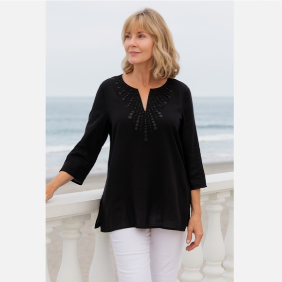 Style &Co. Linen Sequined Top Split Neck Blouse Black 3/4 Sleeves Size 14 - Picture 1 of 6